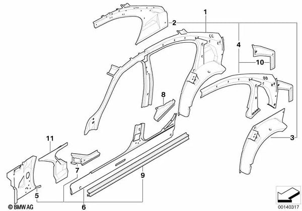 Refuerzo columna C izquierda para BMW E90, E90N (OEM 41217144959). Original BMW.