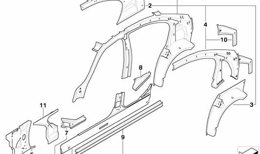 Revestimiento interior paso de rueda trasero izquierdo OEM 41218045835 para BMW E90. Original BMW.