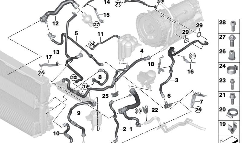 Soporte para manguera de refrigerante para BMW X5 E70N, F15, X6 E71, F16 (OEM 17127563936). Original BMW