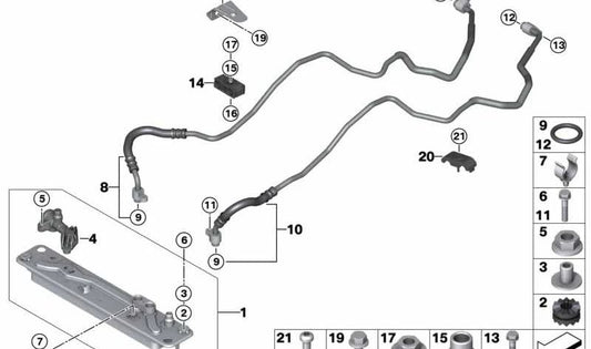 Tubería de retorno del enfriador de aceite OEM 17227576386 para BMW E70, E71. Original BMW.