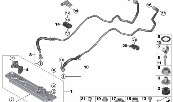 Tubería de retorno del radiador de aceite OEM 17228510896 para BMW E70, E71. Original BMW.