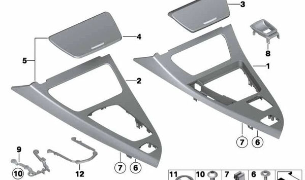 Embellecedor para consola central en aluminio cepillado OEM 51169216191 para BMW F12, F13. Original BMW.