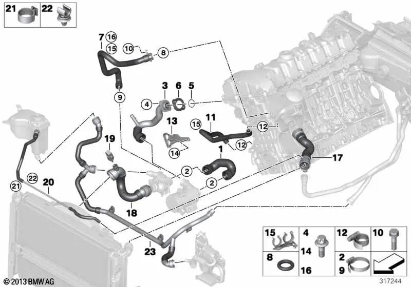 Conducción de fluido del motor a la bomba de refrigerante para BMW E82, E88, E90, E91, E92, E93, E84, E83N (OEM 11537535829). Original BMW