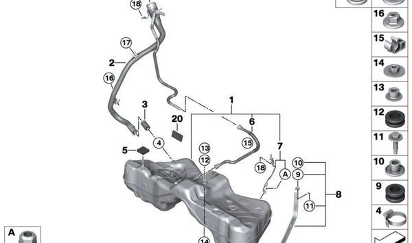 Separador con orificio alargado OEM 16117293528 para BMW F30, F31, F34, F32, F36, F07, F10, F11, F18, F06, F12, F13, E65, E66, G11, G12, G70, F25, F15, G05, G18, F95, F16, G06, F96, G07, G29. Original BMW.