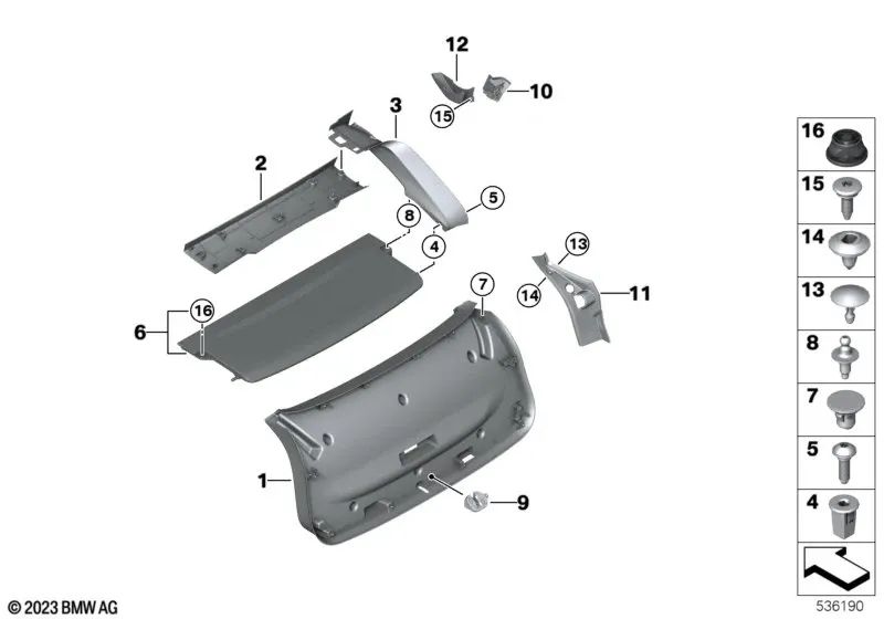 Cubierta de bisagra izquierda para BMW X4 F98, G02 (OEM 51499478615). Original BMW