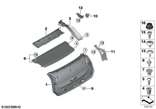 Cubierta de bisagra izquierda para BMW X4 F98, G02 (OEM 51499478615). Original BMW