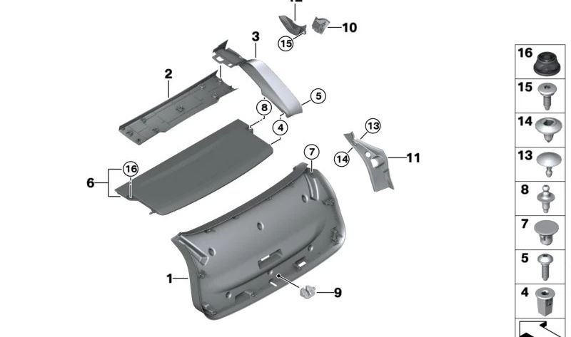 Clip de fijación inferior OEM 51717154239 para BMW (F70, U06, F34, E60, F10, F18, E63, E64, F06, F12, F13, F01, F02, F04, F92, F93, G15, G16, U11, U12, U10, G01, G08, F97, G02, F98, G29, I20, F55, F56, F57, F54, F60, U25). Original BMW.