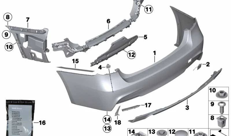 Juego Soporte Sensor PDC-/PMA trasero para BMW F30, F31, F35 (OEM 51128069815). Original BMW