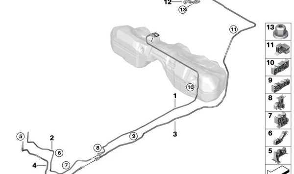 Tubería de combustible delantera OEM 16128085967 para BMW G87, G80, G81, G82, G83. Original BMW.