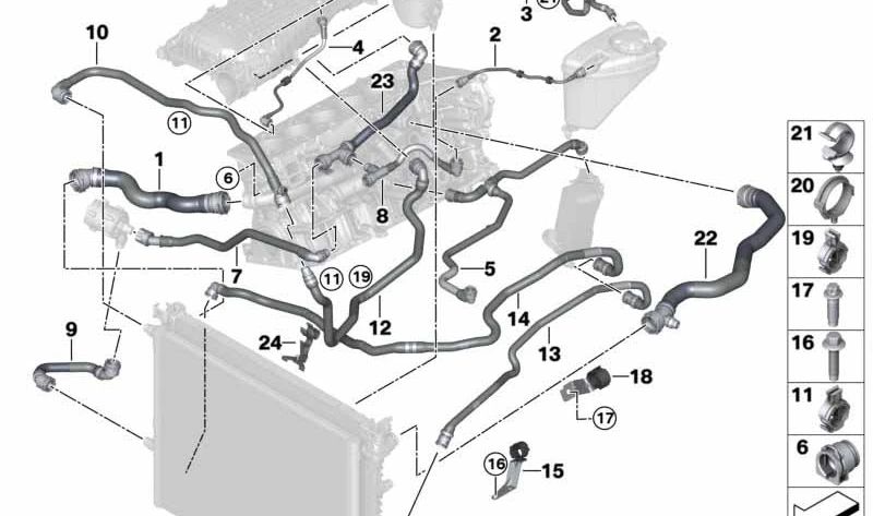 Manguera de calefacción al depósito de expansión OEM 17128602642 para BMW G30, G31, G32, G11, G12. Original BMW.