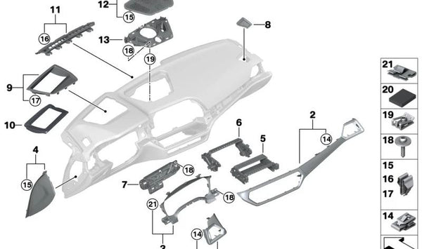 Panel I-Tafel Alu Tetragon Pasajero para BMW Serie 3 G20, G21, G28, Serie 4 G22, G23, G26, G82, G83 (OEM 51455A0F079). Original BMW.