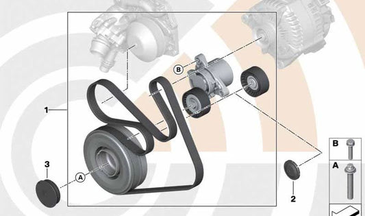 Kit de reparación completo para correa de accesorios OEM 11282449749 para BMW F10, F11, F25, F26. Original BMW.