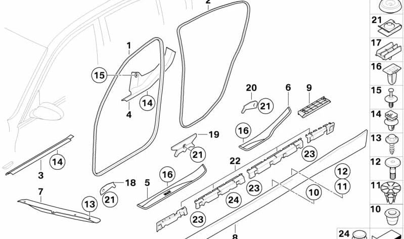 Protector del borde de la puerta trasera para BMW E91, E91N (OEM 51727247262). Original BMW.