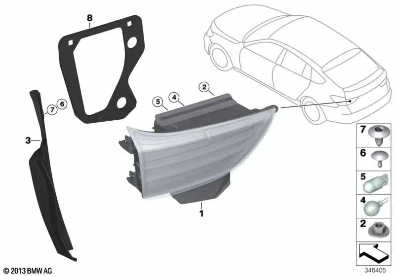 Blenda luz trasera portón trasero izquierda para BMW Serie 5 F07N (OEM 63217328915). Original BMW.