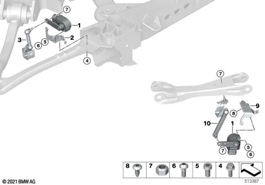 Soporte sensor de altura izquierdo para BMW I01, I01N (OEM 37146855668). Original BMW