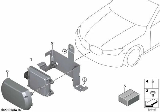 Long range front radar sensor for BMW F90, G30, G31, G38, G32, G11, G12, F97, G01, G08, F98, G02 (OEM 66315A58DA3). Genuine BMW.