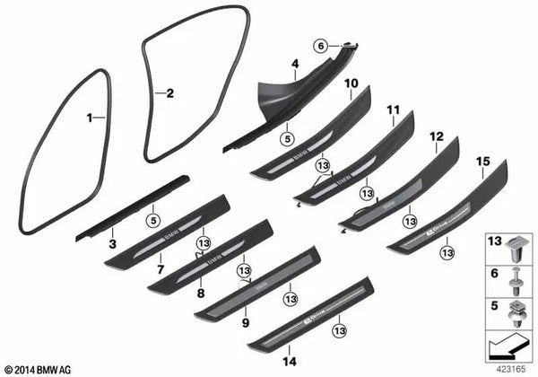 Embellecedor de entrada trasero izquierdo para BMW F18, F18N (OEM 51477203605). Original BMW