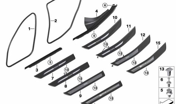 Embellecedor de entrada iluminado delantero izquierdo para BMW F10N, F11N, F18N (OEM 51477337017). Original BMW