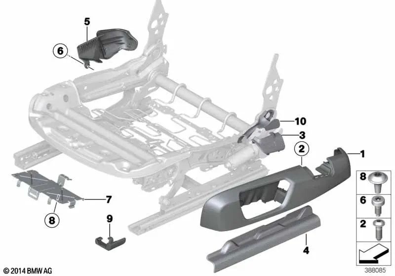 Cubierta del asiento exterior derecho para BMW F20, F21, F22, F23, F87, F30, F31, F34, F35, F80, F32, F36, F82 (OEM 52107293578). Original BMW.