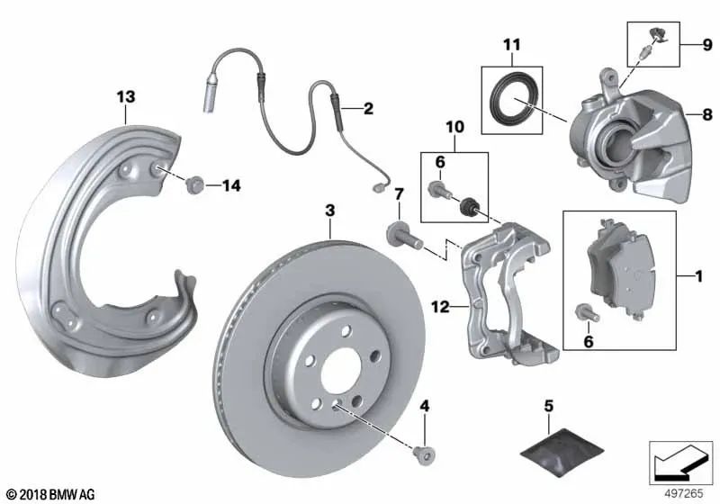 Caliper de freno izquierdo para BMW Serie 3 G20, G21, G28, Serie 4 G22, G23, G26, Serie 5 G30, G31, X3 G01, X4 G02N, Z4 G29 (OEM 34106872799). Original BMW.