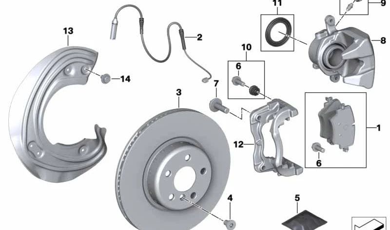 Soporte de pinza de freno izquierdo OEM 34106882255 para BMW G20, G21, G28, G22, G23, G26, G30, G31, G01, G29. Original BMW.