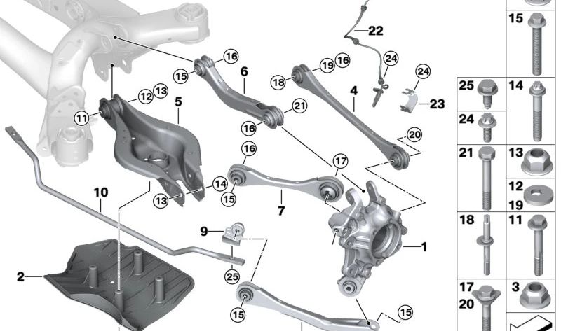 Brazos traseros con silentblock OEM 33306878639 para BMW G42, G20, G21, G28, G22, G23, G26, G29. Original BMW.