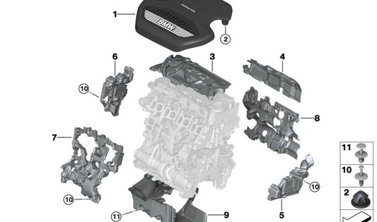 Cubierta Acústica para BMW Serie 1 F40, Serie 2 F44 F45N F46N, X1 F48 F48N, X2 F39, MINI F54 F55 F56 F57 F60 (OEM 11148580373). Original BMW