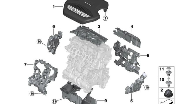 Cubierta del Motor para BMW F40, F44, F45N, F46N, F48, F48N, F39 (OEM 11148579535). Original BMW