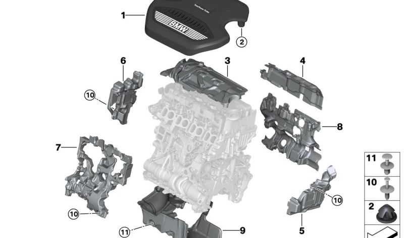 Cubierta Acústica Trasera para BMW F40, F44, F45N, F46N, F48N, F39, MINI F54N, F60N (OEM 11148490415). Original BMW