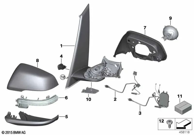 Espejo retrovisor exterior sin componentes de montaje derecho para BMW Serie 2 F45, F45N (OEM 51167415794). Original BMW