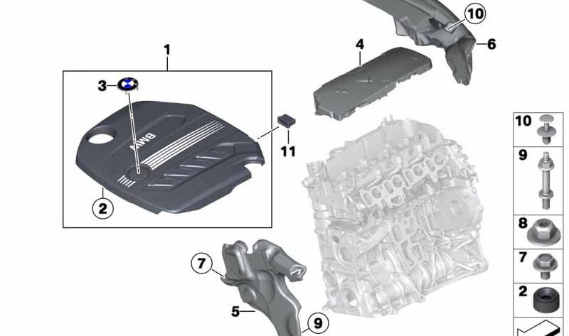 Cubierta acústica delantera para BMW F20, F21, F22, F30, F31, F34, F32, F33, F36, F07, F10, F11, F06, F12, F13, F01N, F02N (OEM 11148510114). Original BMW