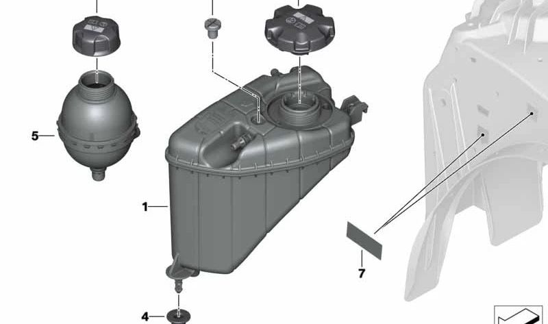 Expansion tank for BMW 5 Series G30, G31, 6 Series G32, 7 Series G11, G12, 8 Series G14, G15 (OEM 17138610654). Original BMW