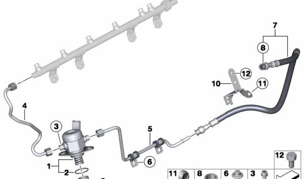 Tubería de suministro para BMW E82, E88, F20, F21, F22, F23, F30, F31, F32, F33, F34, F35, F36, F07, F10, F11, F06, F12, F13, F01N, F02N, E84, F25, F26, E70N, F15 (OEM 13647604407). Original BMW