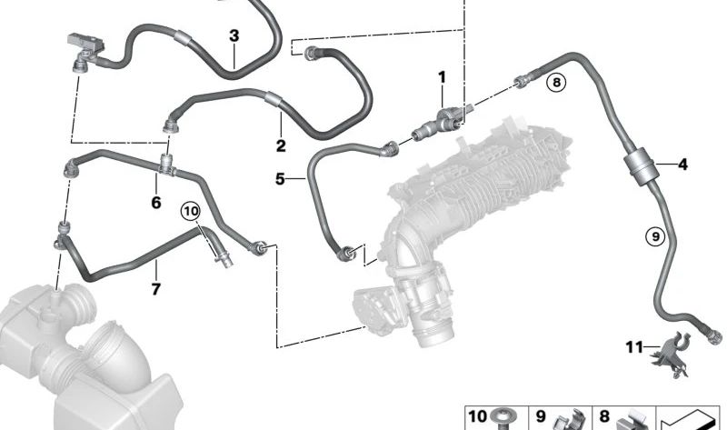 Línea de ventilación del tanque para BMW F20N, F21N, F22, F23, F30N, F31N, F35N, F32, F32N, F36 (OEM 13907645854). Original BMW