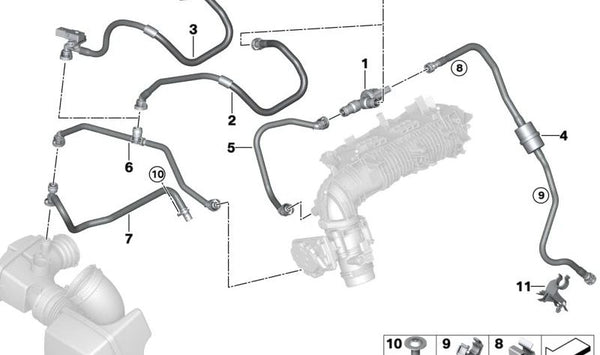 Conducción de ventilación del tanque para BMW F20N, F21N, F22, F23, F30N, F31N, F35N, F32, F36 (OEM 13907645855). Original BMW