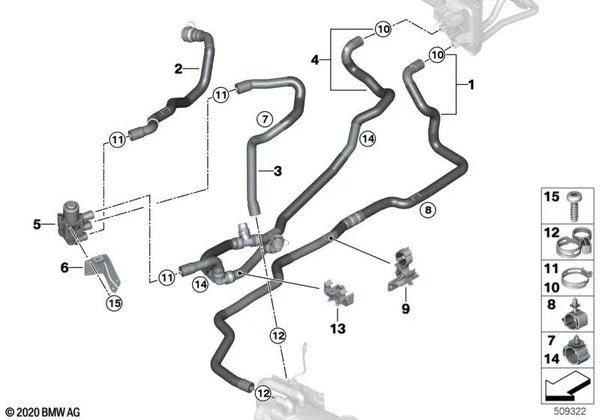 Manguera de refrigerante de avance 1 para BMW X3 G01, G01N Serie X4 G02, G02N (OEM 64216993463). Original BMW.