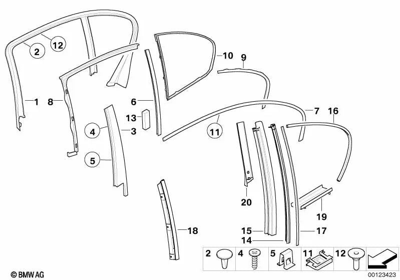 Rechte feste Seitenglasabdeckung für BMW E65, E66 (OEM 51358223782). Original BMW