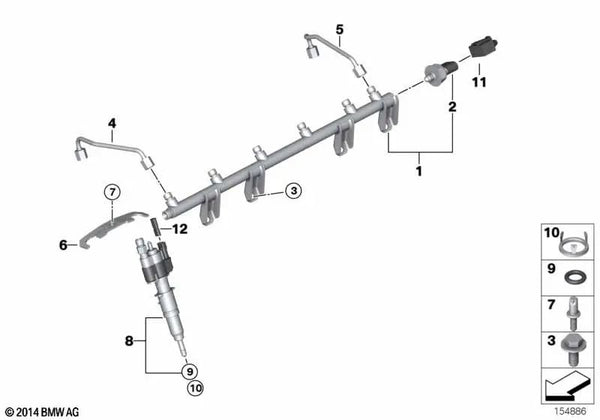 High Pressure Rail para BMW E82, E88, E90, E90N, E91, E91N, E92, E92N, E93, E93N, E60N, E61N, F10, F11, E63N, E64N (OEM 13537535897). Original BMW