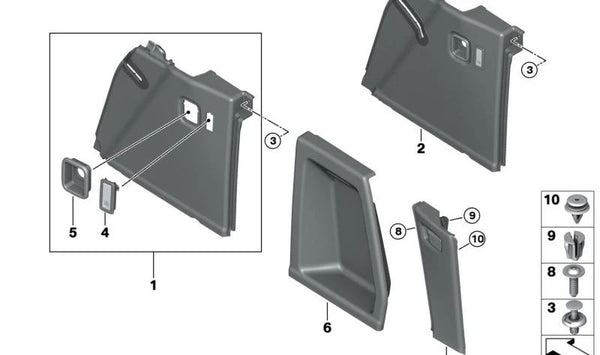 Cubierta D-Pilar inferior derecha para BMW X3 F97, G01, G08 (OEM 51477446104). Original BMW