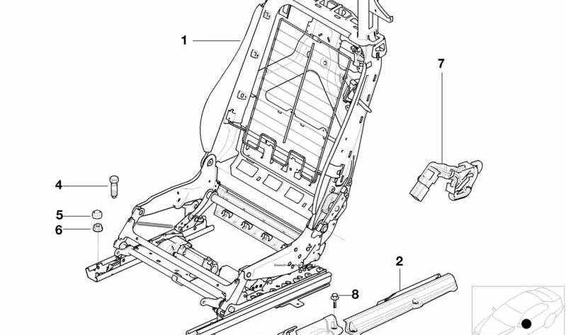 Armazón del respaldo del asiento izquierdo para BMW Serie 3 E46, Serie 6 E64 (OEM 52109118173). Original BMW