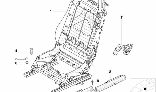 Armazón del respaldo del asiento izquierdo para BMW Serie 3 E46, Serie 6 E64 (OEM 52109118173). Original BMW