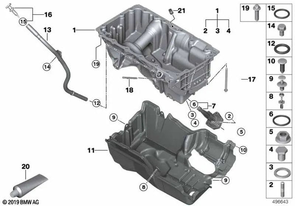 Cárter de Aceite para BMW Serie 3 G20, G21, Serie 4 G22, G26, Serie 5 G30, G31, Serie 6 G32, X3 G01, X4 G02, X5 G05 (OEM 11138580123). Original BMW