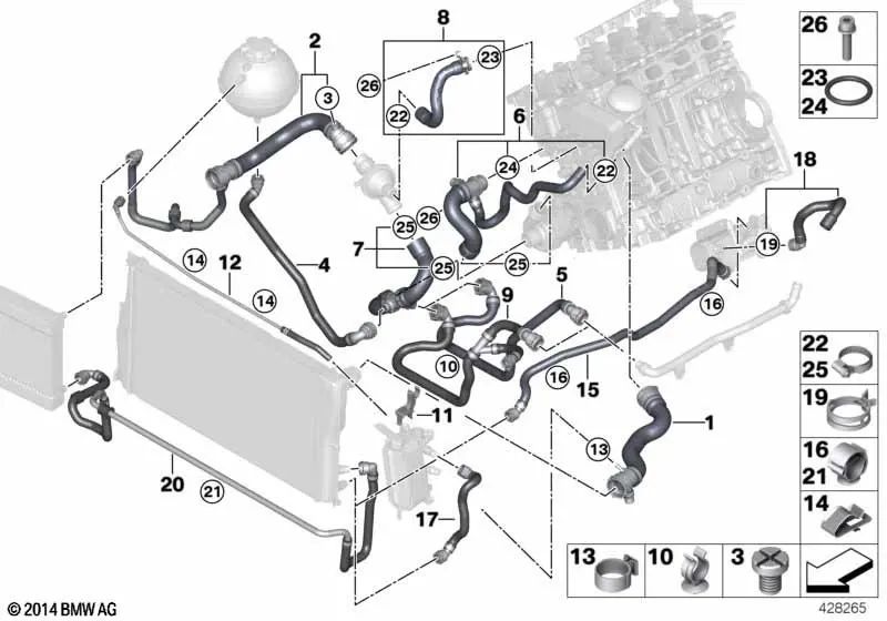 Manguera de refrigerante para BMW Serie 5 F10, F11, F18N (OEM 17127619689). Original BMW