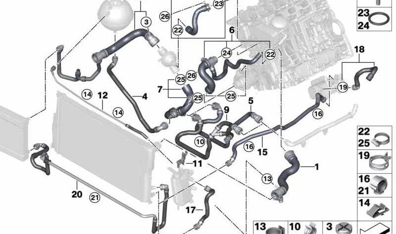 Coolant hose for BMW F10, F11, F18N (OEM 17127619686). Original BMW