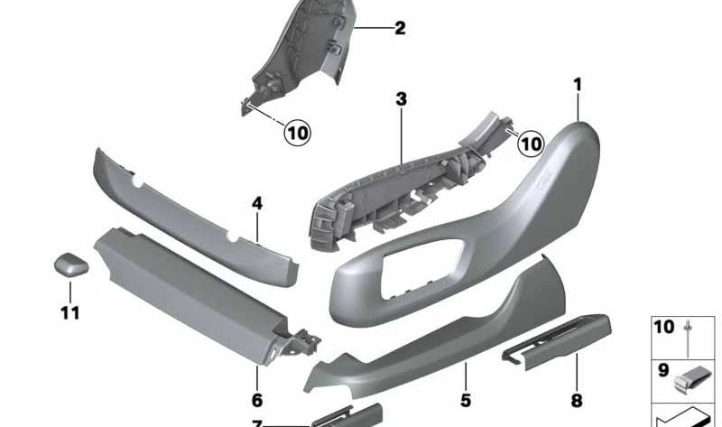 Cubierta del asiento eléctrico delantero para BMW F07, F10, F11, F18, G30, G31, G38, G32, F01N, G11, G12, F15, F16 (OEM 52107330821). Original BMW.