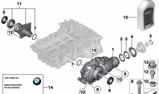 Soporte de diferencial trasero OEM 31508655621 para BMW Serie 1 (F20, F21), Serie 2 (F22), Serie 3 (F30, F31, F34) y Serie 4 (F32, F36). Original BMW.