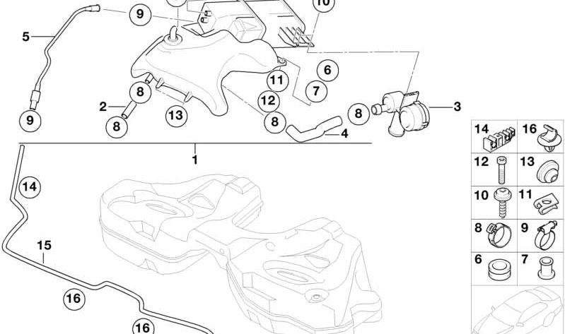 Abrazadera de manguera para BMW Serie 3 E90, E92, F30, F31, Serie 5 E60, F07, F10, F11, G30, Serie 6 E63, Serie 7 E65, F02N, G11, Serie 8 G14, X3 F25, X4 F26, X5 E70, F15, X6 E71, G06, X7 G07, Z4 E85, MINI R55, R56, R57 (OEM 16131181316). Original BMW