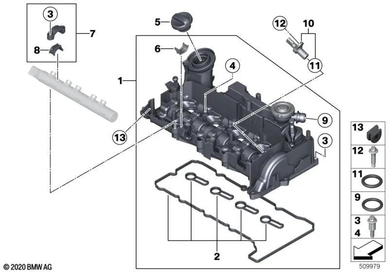 Elemento de desacoplamiento para BMW E81, E82, E87N, E88, F20, F21, F22, E90, E91, E92, E93, F30, F31, F34, F32, F33, F36, E60N, F07, F10, F11, F06, F12, F13, F01, F02, E84, E83N, F25, F26, E70N, F15, E71, F16 (OEM 11127809138). Original BMW