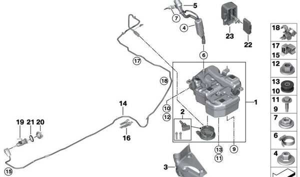 Depósito de AdBlue SCR activo OEM 16197432453 para BMW F40, F44, F45, F46, F48, F39 y MINI F54, F60. Original BMW/MINI.