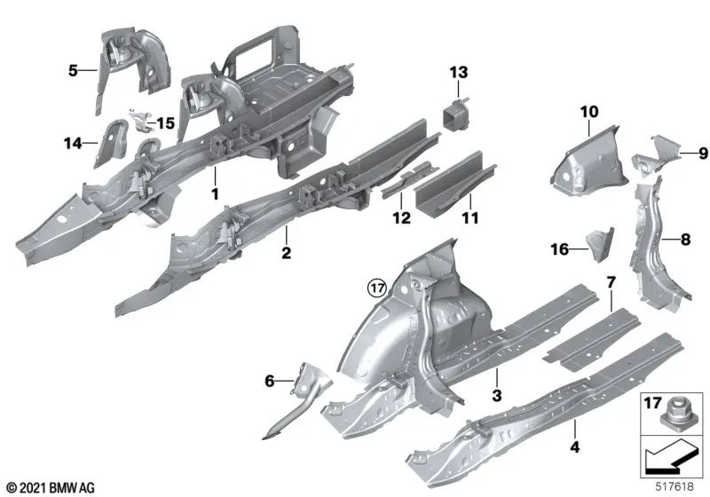 Soporte del paso de rueda izquierdo para BMW G42, G87 Serie 2, G20, G20N, G21, G21N, G28, G28N, G80, G81 Serie 3, G22, G26, G82 Serie 4 (OEM 41007487205). Original BMW